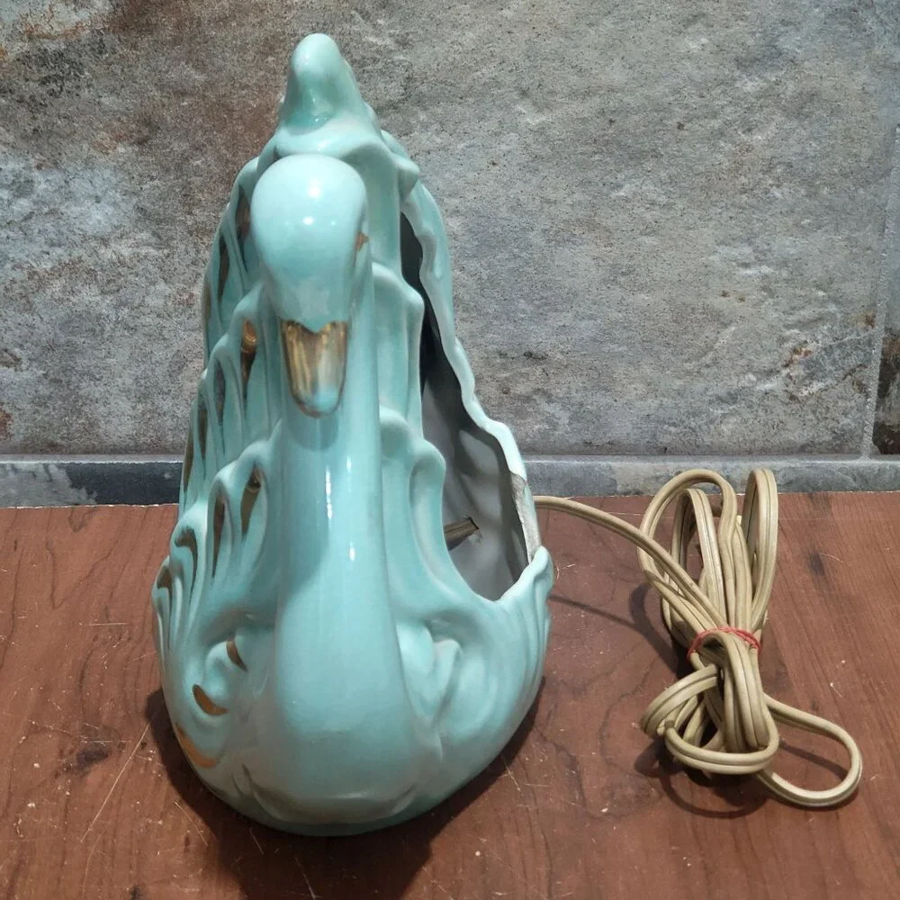 Vintage Gilded Blue Swan TV Lamp Night Light Ceramic